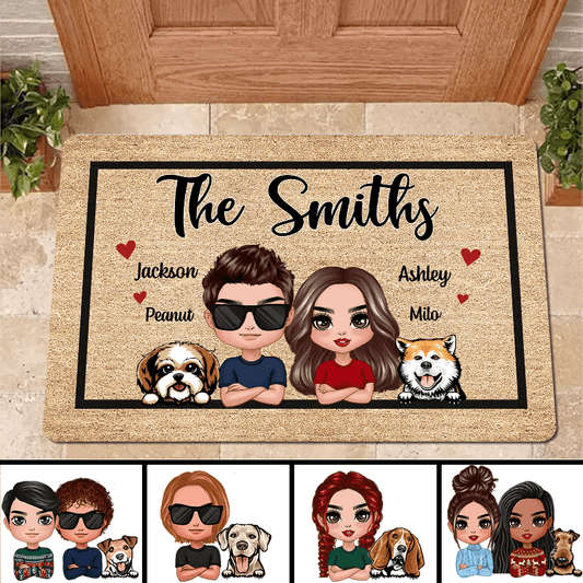 Doormat Doll Couple And Dogs Frame Welcome Personalized Doormat 16x24