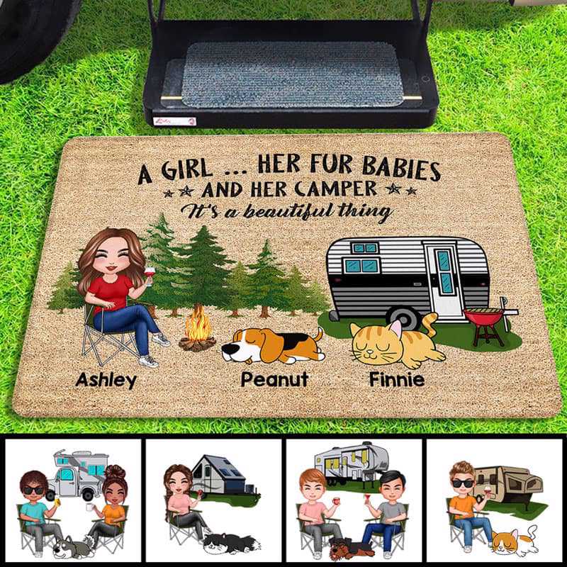 Doormat Doll Woman Man Camping With Dogs Cats Fur Babies Personalized Doormat 16x24