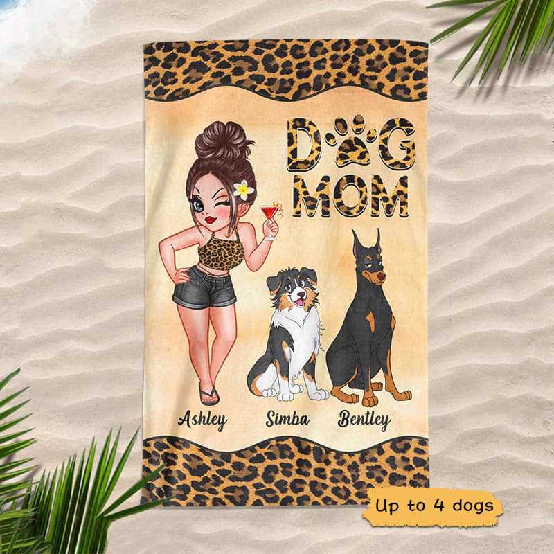Dog Mom Leopard Pretty Woman Cute Sitting Dog Personalized Beach Towel