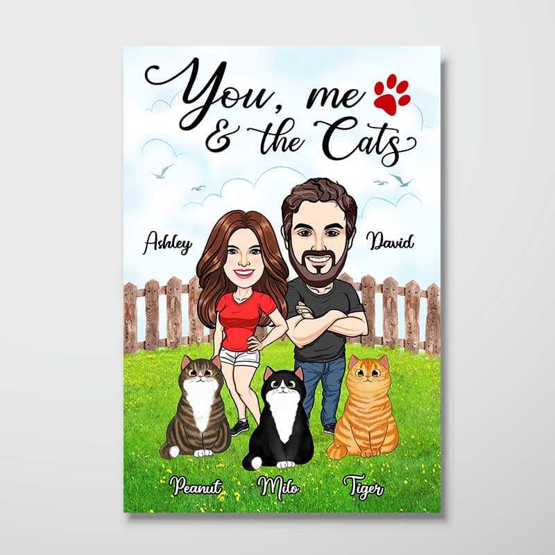 You Me And Cats Caricature Couple Personalized Unframed Poster