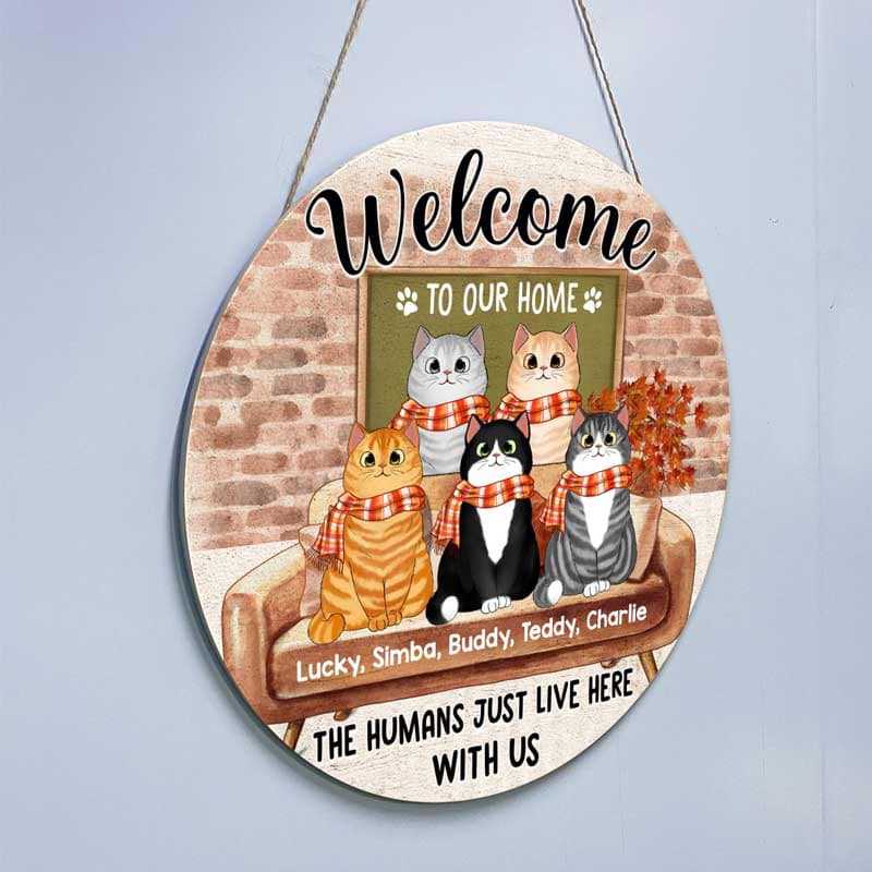 Cats Welcome To Our Home Fall Season Personalized Door Hanger Sign