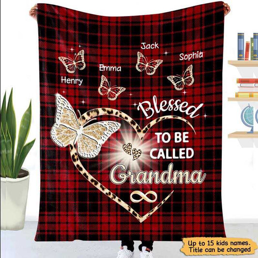 Fleece Blanket Blessed Grandma Mom Butterfly Red Plaid Leopard Personalized Fleece Blanket 30" x 40"