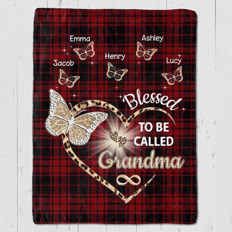 Fleece Blanket Blessed Grandma Mom Butterfly Red Plaid Leopard Personalized Fleece Blanket