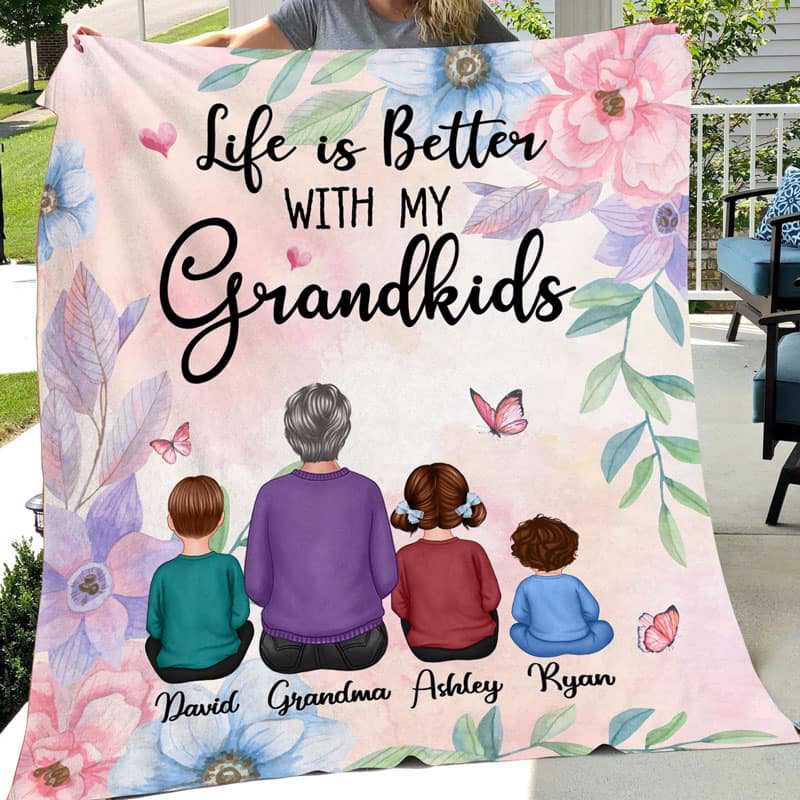 Fleece Blanket Floral Life Is Better With Grandkids Gift For Grandma Personalized Fleece Blanket 30" x 40"