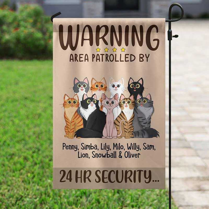 Garden Flag Sitting Cat Cartoon Area Patrolled Personalized Garden Flag 12"x18"