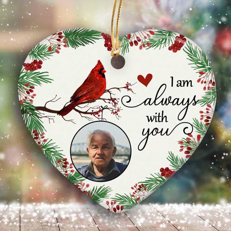 Heart Ornament Always With You Holly Branch Cardinal Personalized Photo Heart Ornament Pack 1