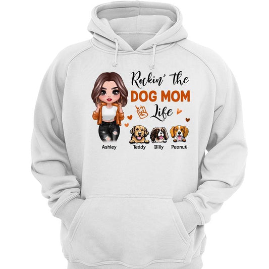 Hoodie & Sweatshirts Cool Doll Girl Rockin‘ Dog Mom Life Personalized Hoodie Sweatshirt Hoodie / White Hoodie / S