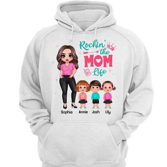 Hoodie & Sweatshirts Rockin‘ The Mom Grandma Auntie Life Posing Doll Woman And Kids Personalized Hoodie Sweatshirt Hoodie / White Hoodie / S