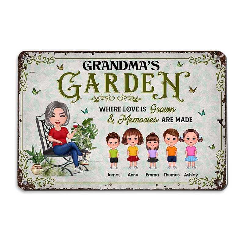 Metal Sign Doll Grandma‘s Garden Where Love Grown Memories Made Personalized Metal Sign 12"x8"