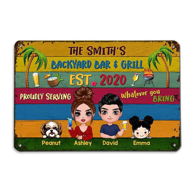 Metal Sign Summer Doll Couple Kids Dogs Cats Welcome To Backyard Bar Personalized Metal Sign 12"x8"