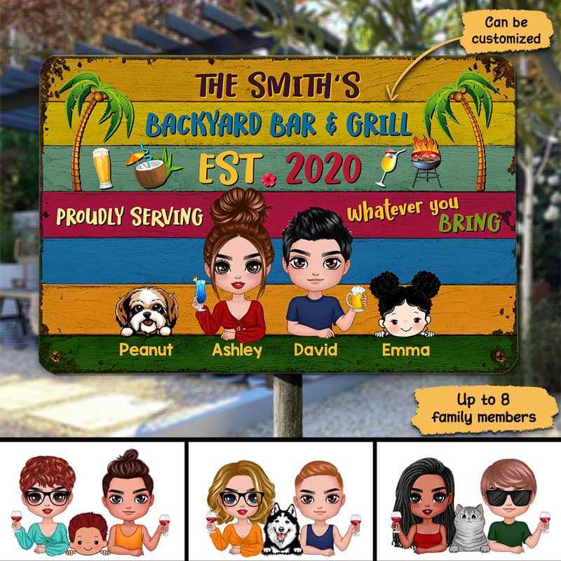 Metal Sign Summer Doll Couple Kids Dogs Cats Welcome To Backyard Bar Personalized Metal Sign