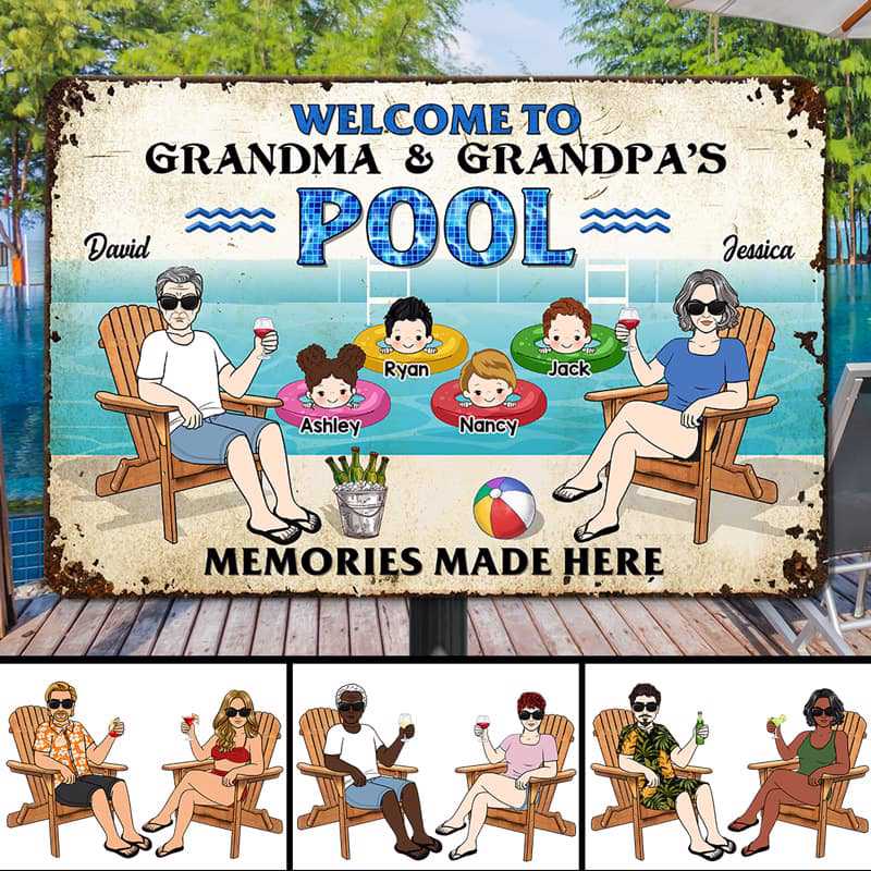 Metal Sign Welcome To Grandparents Pool With Grandkids Personalized Metal Sign