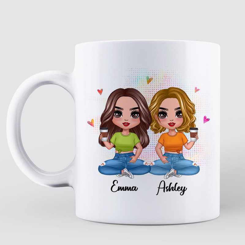 Mug Colorful Patterned Sitting Doll Besties Sisters Siblings Personalized Mug