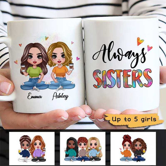 Mug Colorful Patterned Sitting Doll Besties Sisters Siblings Personalized Mug Ceramic Mug / White / 11oz