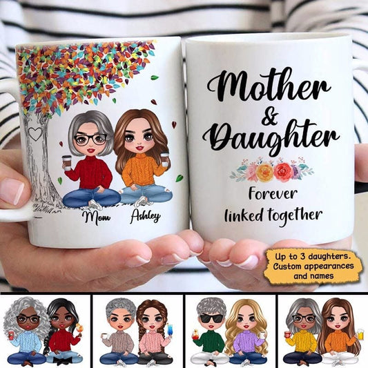 Mug Doll Mom And Daughters Sitting Under Colorful Tree Personalized Mug 11oz