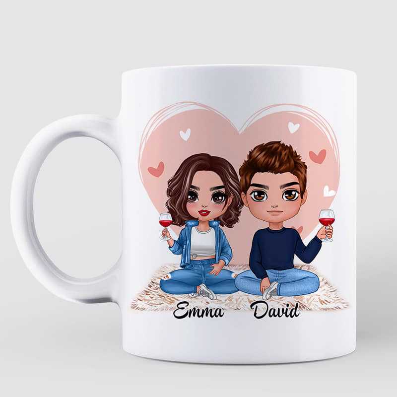Mug Pink Heart Doll Couple Sitting Valentine‘s Day Gift For Him For Her Personalized Mug