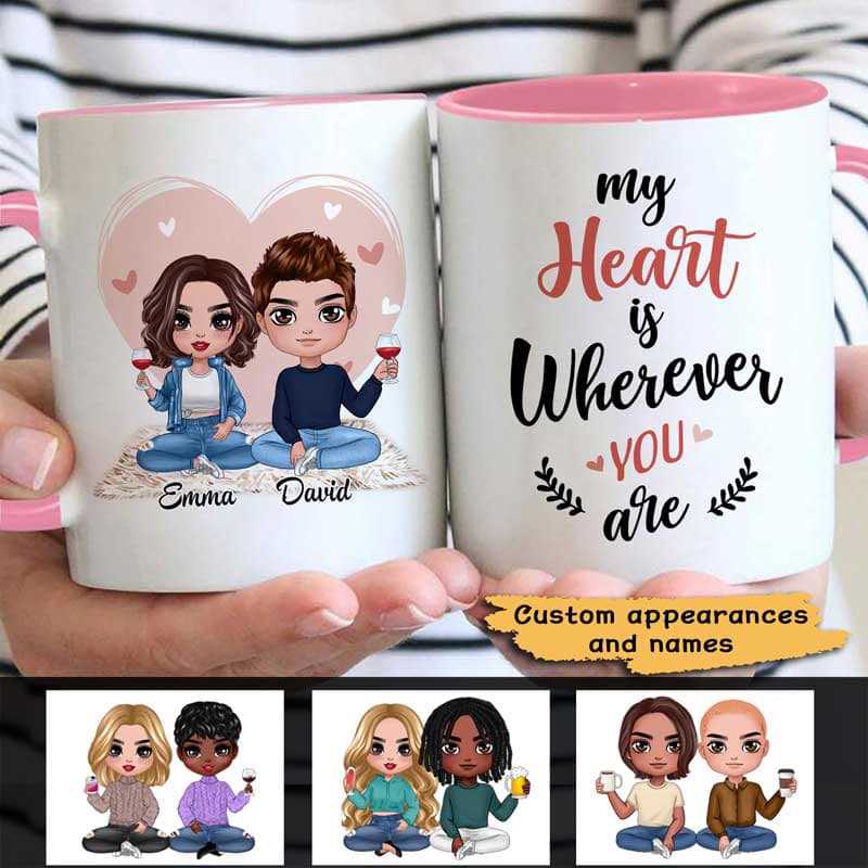 Mug Pink Heart Doll Couple Sitting Valentine‘s Day Gift For Him For Her Personalized Mug Ceramic Mug / White / 11oz