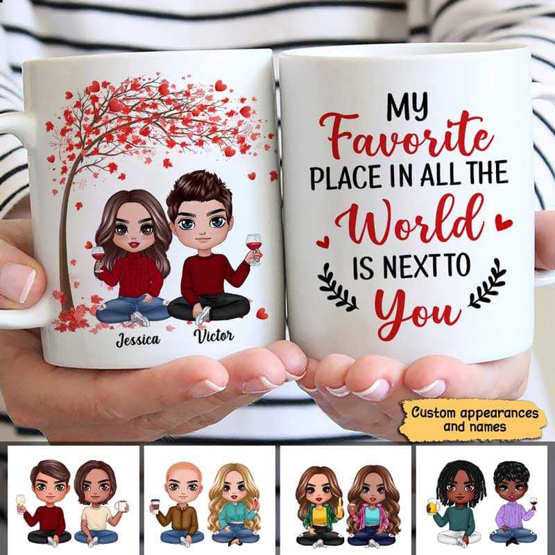 Mug Red Tree Doll Couple Sitting Valentine‘s Day Gift For Him For Her Personalized Mug Ceramic Mug / White / 11oz