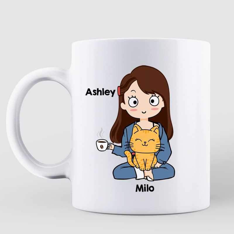 Mugs Cat Mom Chibi Girl And Sitting Cat Personalized Coffee Mug 11oz