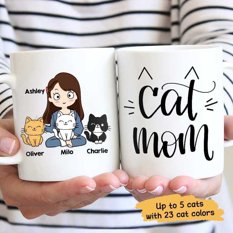 Mugs Cat Mom Chibi Girl And Sitting Cat Personalized Coffee Mug 11oz