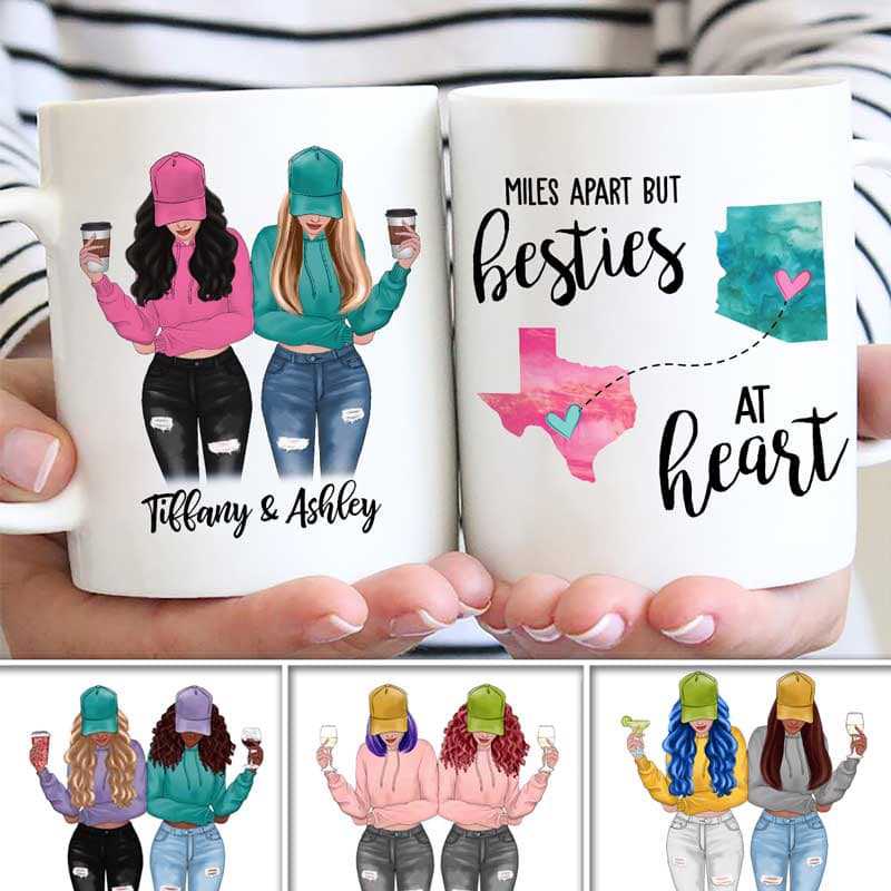 Mugs Long Distance Modern Girls Besties Front View Personalized Mug 11oz