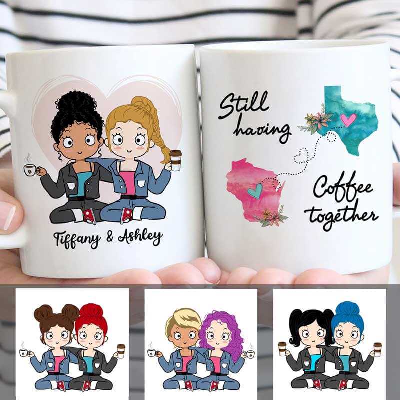 Mugs Still Having Coffee Together Long Distance Chibi Besties Personalized Mug 11oz