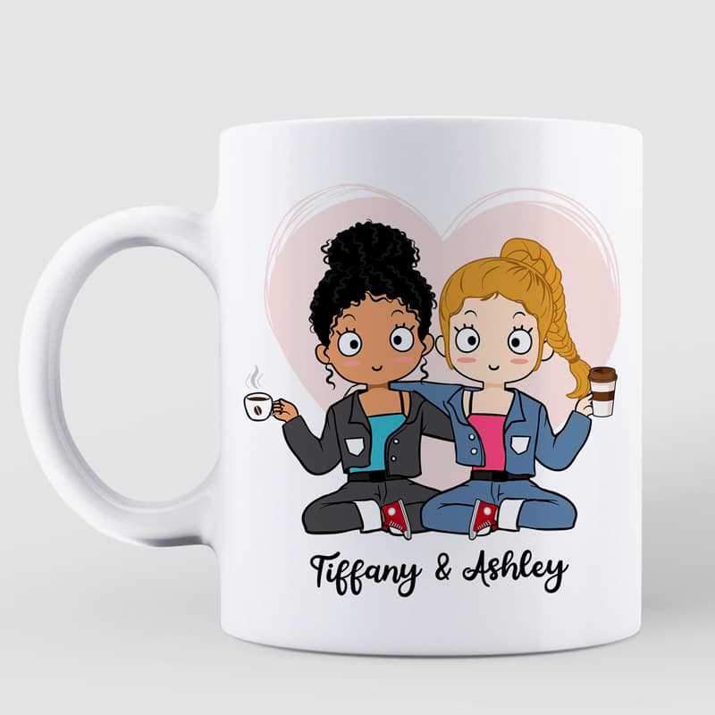 Mugs Still Having Coffee Together Long Distance Chibi Besties Personalized Mug 11oz