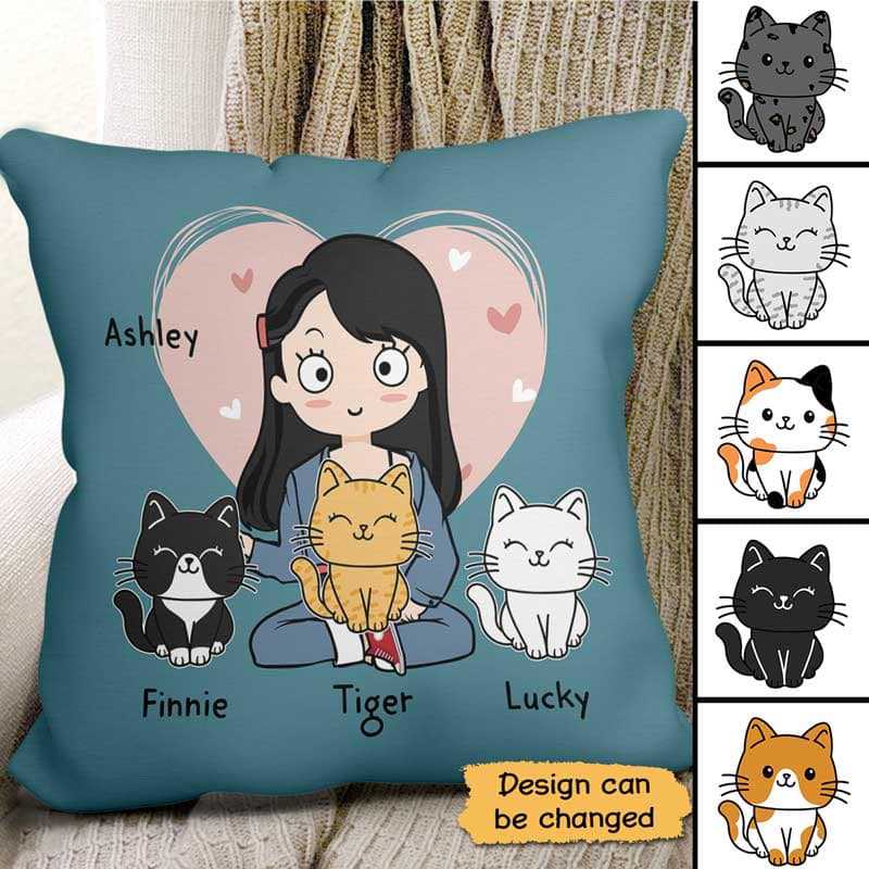 Pillow Chibi Girl Loves Her Cat Personalized Pillow (Insert Included) 18x18 / Linen