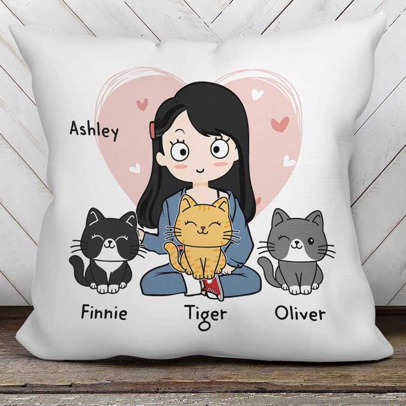 Pillow Chibi Girl Loves Her Cat Personalized Pillow (Insert Included)
