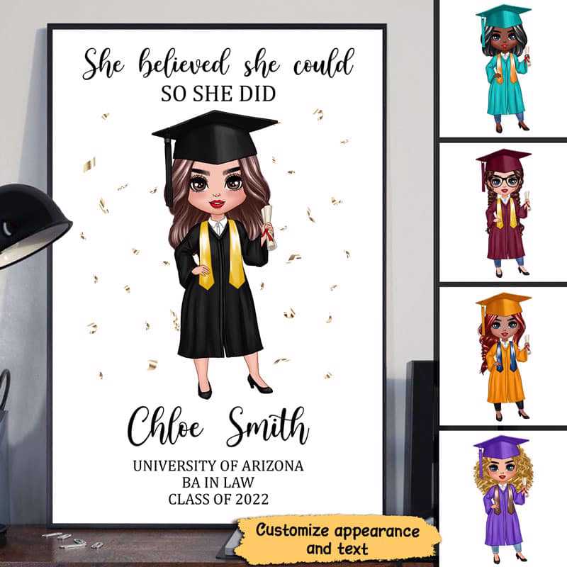Poster She Believed She Could So She Did Graduation Gift Doll Personalized Vertical Poster 12x18