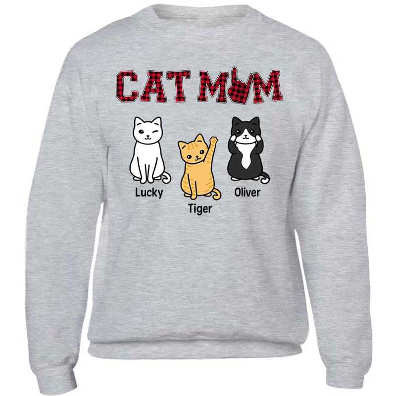 Sweatshirt Cat Mom Red Plaid Sitting Cat Personalized Sweatshirt (Ash)