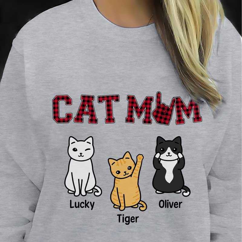 Sweatshirt Cat Mom Red Plaid Sitting Cat Personalized Sweatshirt (Ash)