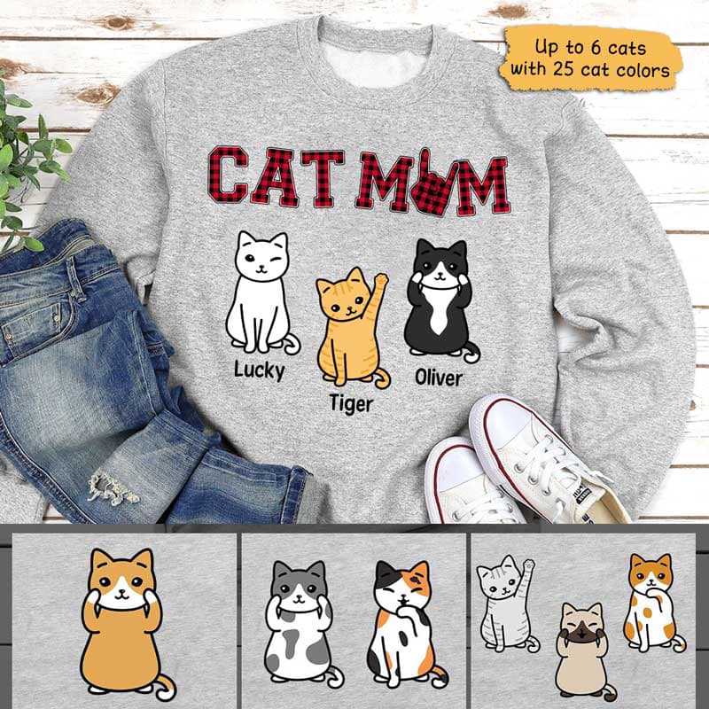 Sweatshirt Cat Mom Red Plaid Sitting Cat Personalized Sweatshirt (Ash) Sweatshirt / S / Ash