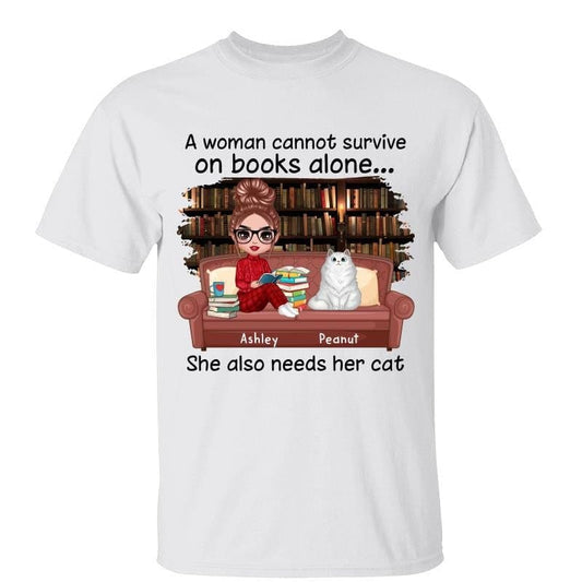 T-Shirt Doll Girl Reading Books On Sofa With Cats Personalized Shirt Classic Tee / White Classic Tee / S