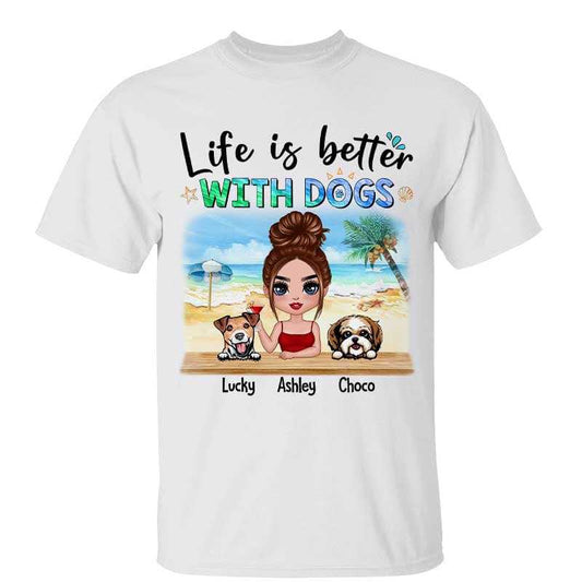 T-Shirt Doll Summer Woman And Dog At Beach Personalized Shirt Classic Tee / White Classic Tee / S
