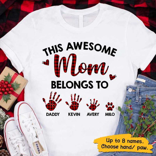 T-Shirt Mom Belongs To Kids and Pet Red Plaid Personalized Shirt Classic Tee / White Classic Tee / S
