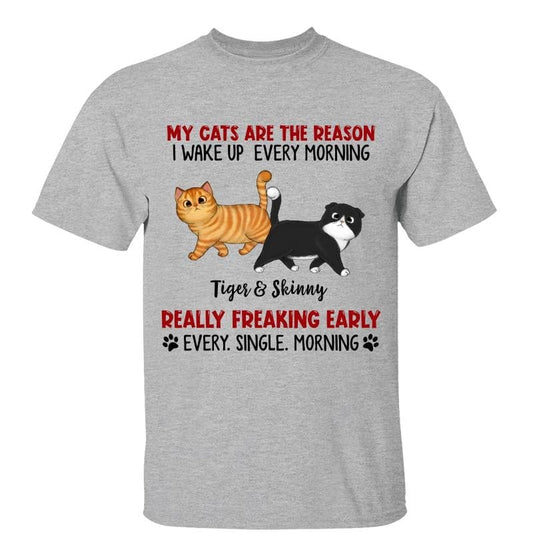 T-Shirt Reason I Wake Up Early Walking Fluffy Cats Personalized Shirt Classic Tee / Ash Classic Tee / S