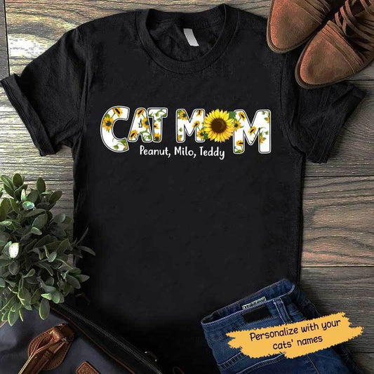T-shirts Cat Mom Sunflower Slogan Pattern Personalized Cat Mom Shirt Classic Tee / S / Black