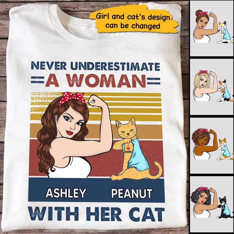 T-shirts Never Underestimate Strong Cat Mom Personalized Shirt Classic Tee / S / White