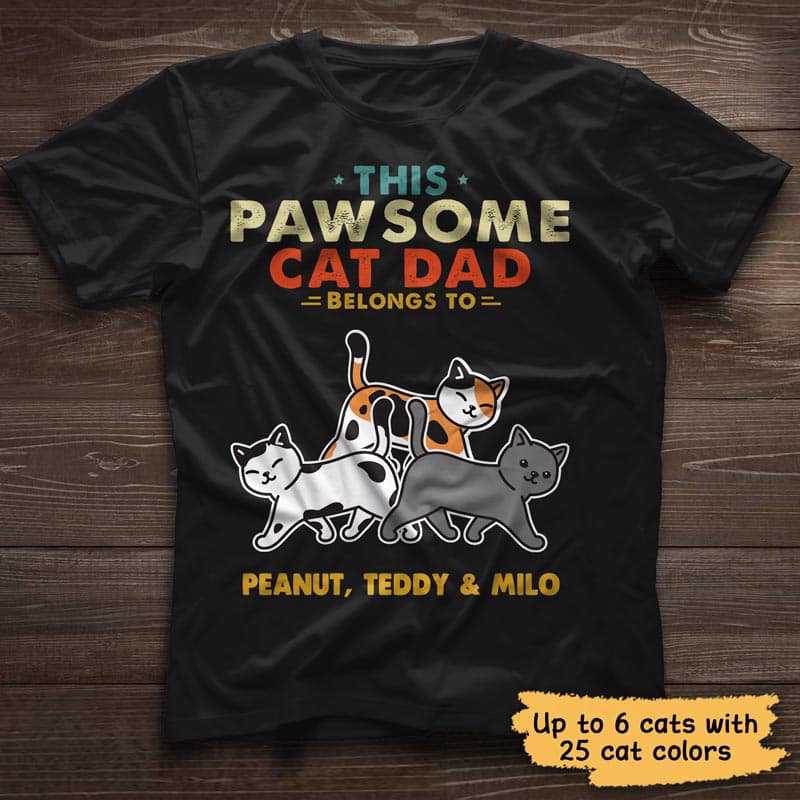 T-shirts Pawsome Cat Dad Retro Personalized Shirt Classic Tee / S / Black