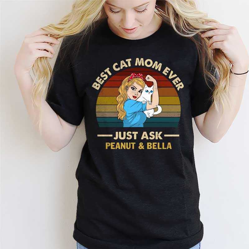 T-shirts Strong Woman Best Cat Mom Ever Retro Personalized Shirt