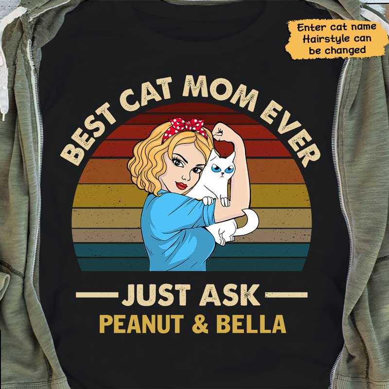 T-shirts Strong Woman Best Cat Mom Ever Retro Personalized Shirt Classic Tee / S / Black