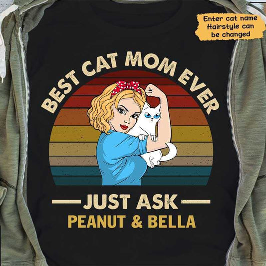 T-shirts Strong Woman Best Cat Mom Ever Retro Personalized Shirt Classic Tee / S / Black