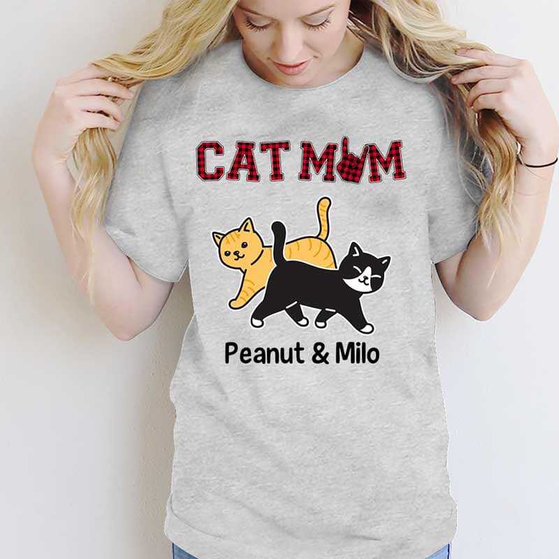 T-shirts Walking Cat Mom Red Plaid Personalized Shirt