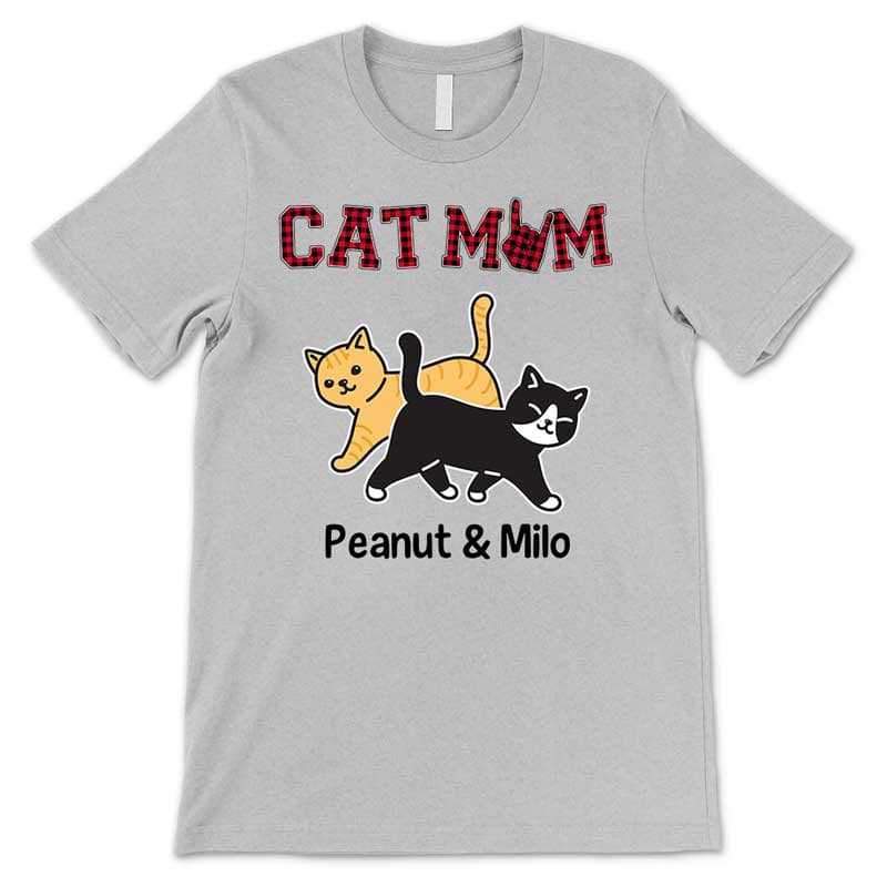 T-shirts Walking Cat Mom Red Plaid Personalized Shirt