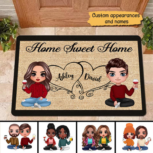 Doll Couple Sitting Home Sweet Home Gift Personalized Doormat