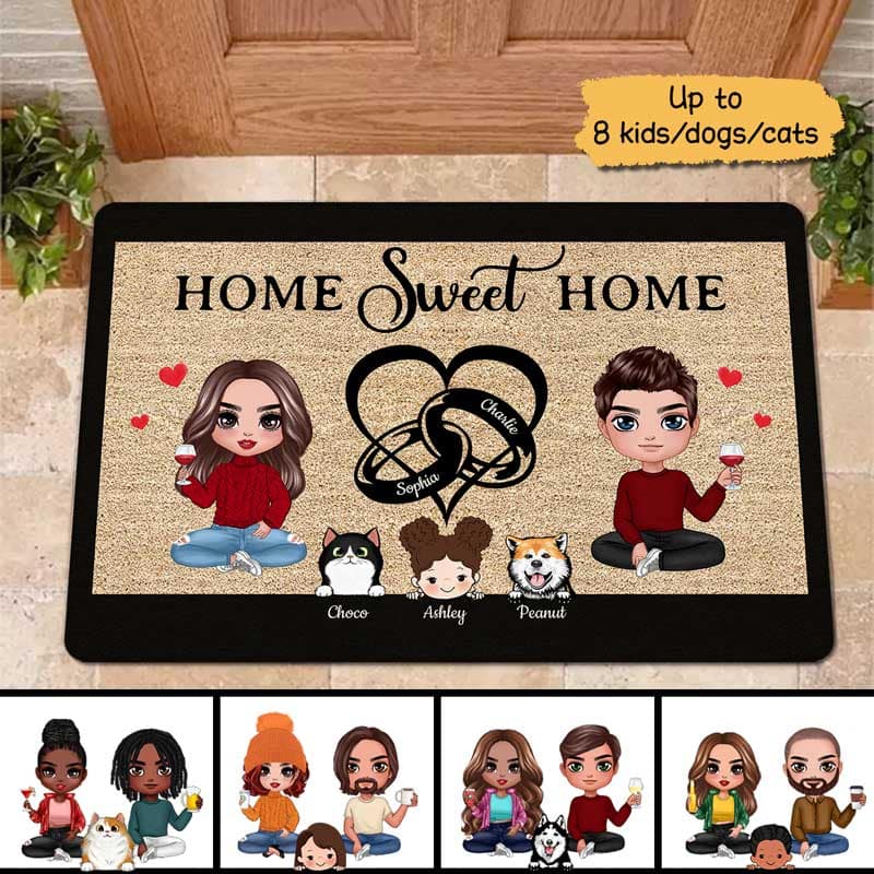 Doll Couple Heart Rings Kids Dogs Cats Personalized Doormat
