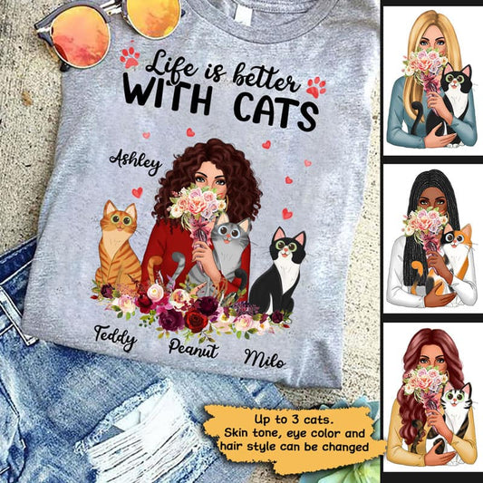 Floral Better With Cat Woman Holding Cat Personalized Shirt