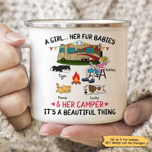 A Camping Girl And Her Fur Babies Personalized Campfire Mug