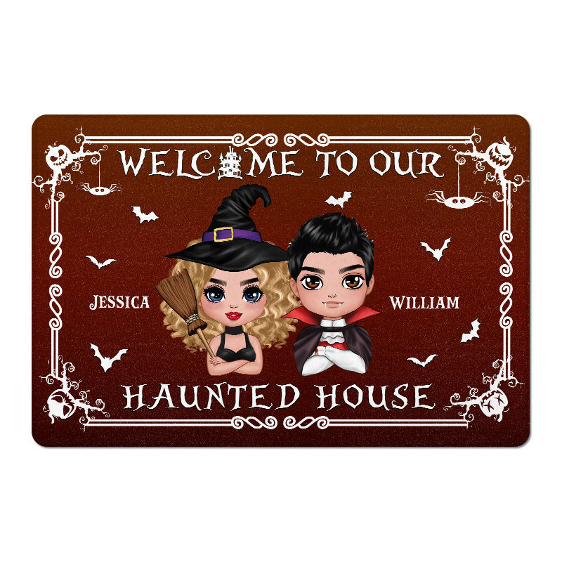 Welcome To Our Haunted House Doll Couple Halloween Personalized Doormat